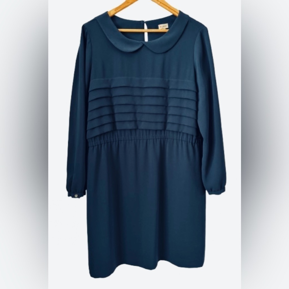 Cremieux nvy Peter Pan collar pltd top elstc wst 3/4 slv lnd drss SZ 12 coquette